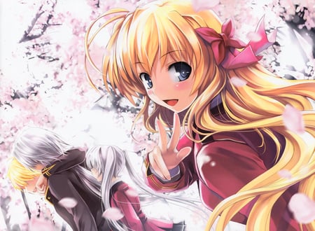 Fortune Arterial - pretty, artistic, blushing, real, erika, pink, white hair, uniform, shiro, iori, nice, anime boy, tougi shiro, beauty, petals, sendou iori, school uniform, white, cute, bow, fortune arterial, anime, twintail, cherry blossom trees, school, blonde, sendou erika, tougi seichirou, boy, red, sendou, tougi, art, seichirou, anime girl, sakura, realistic, beautiful, girl, cool, black, sakura trees, awesome