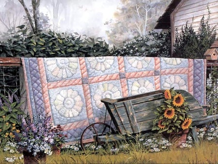 country made - sunflowers, flowerpot, quilt, work, simple, wheelbarrel, country, painting, patch, plain, clothes, house, line