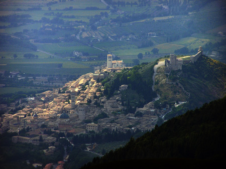 Assisi from Mountain, Italy - village, deep, churches, high, towers, landscape, buildings, assisi