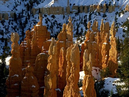 Fairyland Bryce Canyon, Utah - ochra, peaks, rocks, snow