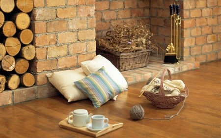 tea time in my home corner - fireplace, beautiful, teapot, baskets, teacup, pylows