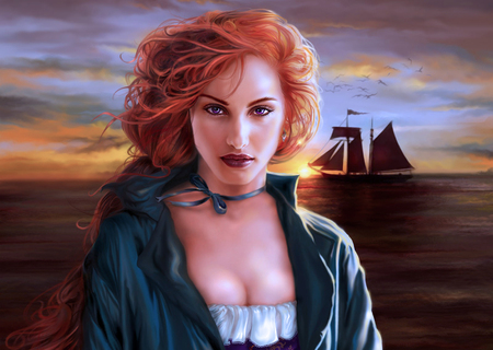 Waiting - girl, fantasy, paint, ship