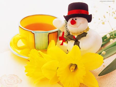 Christmas tea for all my Dn friends - snowman, tea, dafodils, teacup, snowman doll, yellow, beautiful, green, leaves, stem, flowers