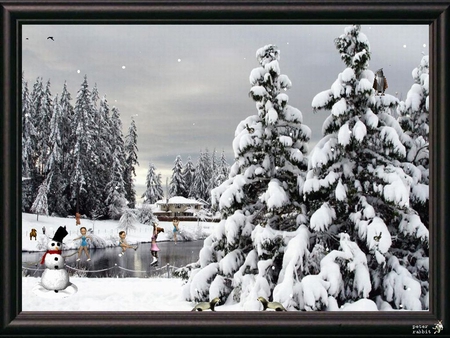 The winter skaters - skater, snow, winter, holiday, tree, christmas