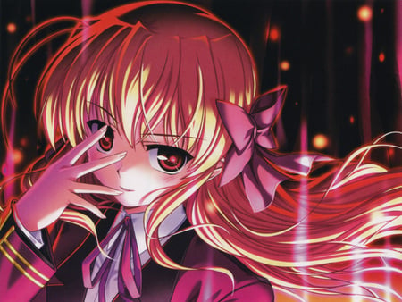 Sendou Erika - nice, beauty, hot, fortune arterial, anime girl, vampire, white, red eyes, pretty, blonde hair, cool, anime, orange, fangs, sparkles, cute, sexy, sendou, school, transformation, sendou erika, blood, erika, gold, school uniform, bow, red, beautiful, awesome, uniform, blonde