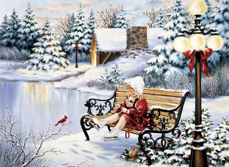 Simple Pleasures - house, bird, cardinal, trees, red ribbon, winter, pond, lamp post, snow, girl, child, ice, bench, skating pond