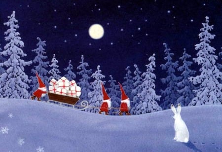 Helper's Quest - moon, sleigh, rabbit, trees, elves, winter, gifts, snow, christmas, holiday, full moon