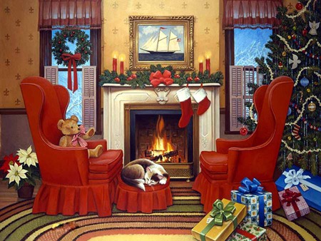 Cozy Hearth - gifts, chairs, garland, red chairs, area rug, wreaths, stockings, holiday, fireplace, teddy bear, ottoman, candles, windows, cat, christmas, christmas tree, poinsettia