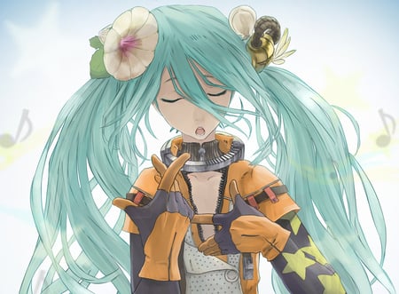 Hatsune Miku - aqua, hot, music, anime girl, white, music notes, yellow, cool, aqua eyes, hatsune miku, sexy, song, vocaloids, program, vocaloid, beautiful, diva, nice, beauty, twintail, song notes, singer, aqua hair, black, virtual, pretty, idol, anime, miku, cute, stars, girl, note, gold, hatsune, singing, awesome, flower