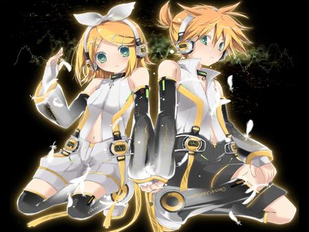 Kagamine Rin & Len Append - pretty, blushing, brother, kagamine len, rin, headphones, yellow hair, nice, anime boy, len, program, append, hot, thighhighs, beauty, virtual, len append, white, twins, cute, aqua eyes, song, sexy, new, yellow, microphone, music, aqua, kagamine rin, hd, idol, anime girl, kagamine, beautiful, singer, girl, blush, cool, rin append, black, glow, awesome, diva, sister, headset, lovers