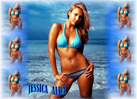 Jessica Alba - actress, beach, movie star, hot looking, female, blue bikini, jessica alba, bikini, blonde