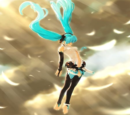 miku - aqua, clouds, append, miku, feathers