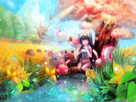 Lovely song - girl, forest, pc, tree, ether, flowers, saga, colorful, river, online, flute, cute, games