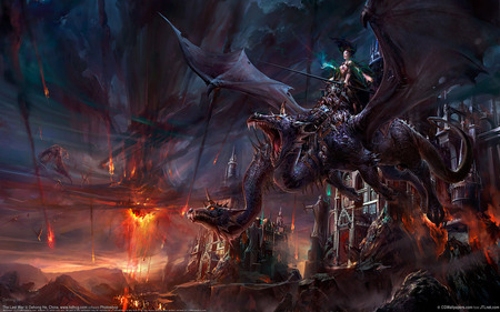 The Last War - china, female, dragons, sunset, black, widescreen, cg, sorcerer, flying, arts, cool, dragon