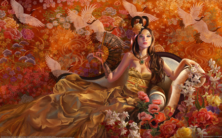 Orchids - goden, women, princess, ed, female, elegant, cg, rchinese, art, royal, 3d, beautiful, flowers, dress