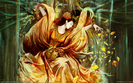 Peacock Dance - women, beautiful, flowers, petals, graceful, golden, female, princess, painting, dancer, dancing