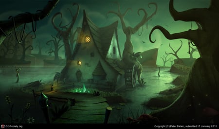 The Misty Swamp - house, river, fantasy, light