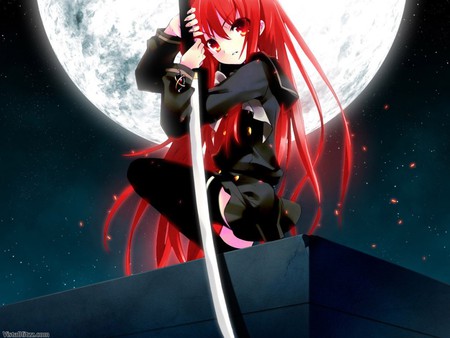 ready to fight - awsome, red, sword, full moon, hair