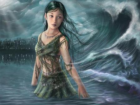 City_Lights - lights, fantasy, wave, water, city, girl