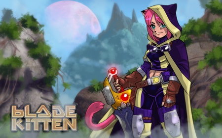 Blade Kitten - beauty, sexy, hot, anime girl, catgirl, cloak, purple, yellow, beautiful, sword, robe, cute