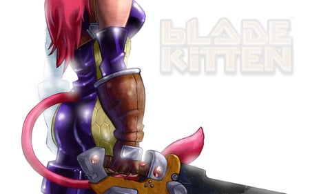 Blade Kitten - beauty, hot, video game, anime girl, blade, armor, flame, purple, yellow, sword, cute, short hair, sexy, fighter, stunning, kitten, catgirl, power, blade kitten, beautiful, pink, cape, cat ears