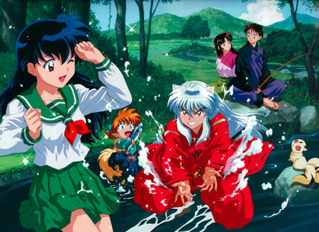 Inuyashia - female, higurashi kagome, long hair, shippo character, sango, uniform, series, male, short hair, miroku, kemonomimi kitsunemimi, inuyasha, water, wet, kirara, cat, school uniform, black hair