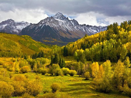 Mount-Sneffels-Colorado - sky, autumn, trees, field, clouds, green, rock, sneffels, grass, land, landscape, mountain, daylight, day, mount, picture, nature, forest, beautiful, colorado