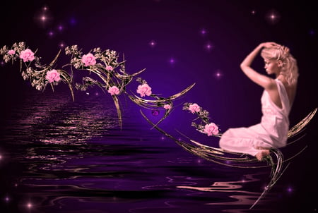 Fantasy girl - flowers, girl, fantasy, night