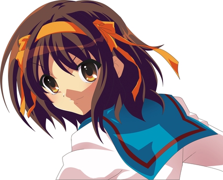 Haruhi Suzumiya - short hair, solo, suzumiya haruhi, female, ribbon, character, oyu no kaori, brown hair