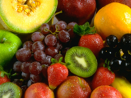 Tasty Fruits - strawberrys, strawberry, yelow, grape, banana, tasty, bananas, purple, red, green, apple, fruits, kiwi