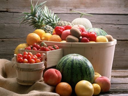 Tasty Fruits - apple, strawberry, watermelon, tasty, fruits, pineapple, fruit, orange, basket, green