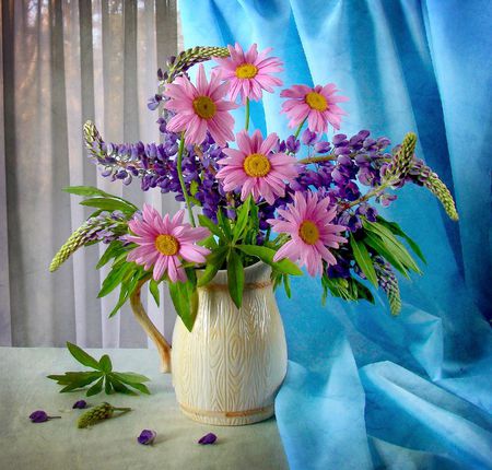 still life - elegant, blue, beautiful, photography, kettle, photo, cool, flower, pink, still life, gentle, bouquet, harmony, flowers