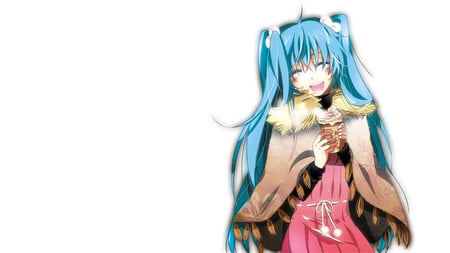 Hatsune Miku - pretty, blushing, brown, pink, flowers, ice cream, nice, program, beauty, virtual, white, cute, aqua eyes, song, vocaloid, anime, twintail, dress, hatsune miku, music, aqua, coat, idol, anime girl, beautiful, coffee, singer, girl, cool, black, miku, awesome, diva, aqua hair, hatsune, vocaloids