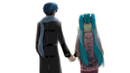 Hatsune Miku & Kaito - pretty, pink, kaito, nice, anime boy, program, beauty, virtual, love, white, holding hands, scarf, cute, aqua eyes, song, vocaloid, anime, blue, twintail, hatsune miku, music, aqua, idol, anime girl, beautiful, singer, girl, cool, black, miku, awesome, diva, aqua hair, hatsune, vocaloids, couple, lovers