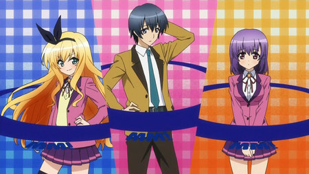 MM! - male, emu emu, skirt, female, purple hair, 2 girls, arashiko yuno, school uniform, taro sado, two girls, blonde hair, mio isurugi, series, ribbon, mm, character