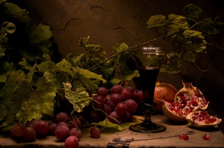 still life with grapes - glass, pomegranate, wine, cross, grapes