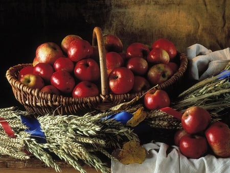 red aplles - red, wheat, basket, still life, aplles, blue