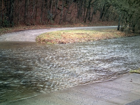 Fall Creek - winter, road, woodlands, creek