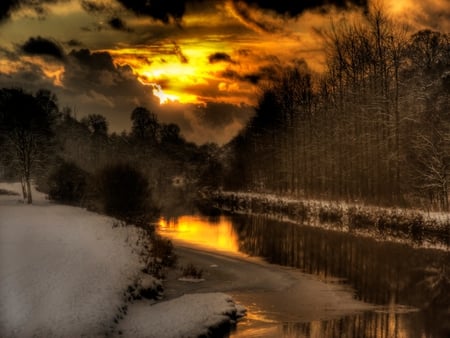 Winter Sunset - beauty, sky, peaceful, water, sunset, white, reflection, river, clouds, golden, tree, winter, lovely, gold, nature, beautiful, snow, colors