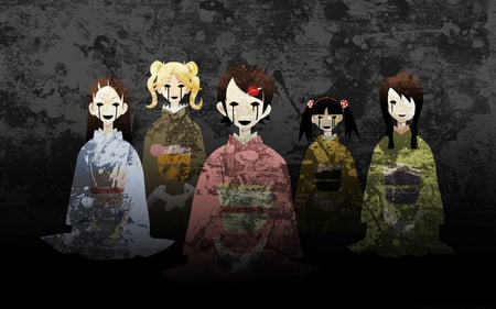 Sayonara Zetsubou Sensei - kafuka fuura, scary, tears, creepy, black hair, brown hair, sayonara zetsubou sensei, dark, blonde hair, kimono, kaere kimura, abiru kobushi, meru otonashi, twin tails, chiri kitsu, kaede kimura, flower