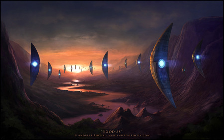 Exodus - scifi, river, ship, sunset, mountain