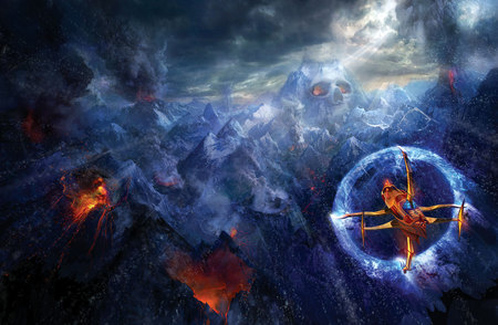 flight_of_the_dyingsun - eruption, ship, fantasy, mountain