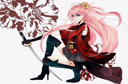 Megurine Luka - aqua, hot, thighhighs, music, japanese, cool, katana, aqua eyes, kimono, skirt, sexy, warrior, song, swordsman, vocaloids, program, vocaloid, pink, beautiful, diva, dress, beauty, nice, singer, black, virtual, pretty, idol, megurine luka, anime, sword, megurine, luka, girl, pink hair, red, awesome, officer, outfit, flower, general