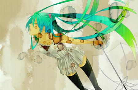 Hatsune Miku - virtual, miku, vocaloids, song, melt, singer, cool, awesome, vocaloid, anime, twintail, old, aqua hair, painting, hatsune, black, cute, beautiful, girl, anime girl, umbrella, white, brown, program, aqua eyes, artistic, pretty, aqua, beauty, dress, art, diva, nice, idol, music, green, hatsune miku