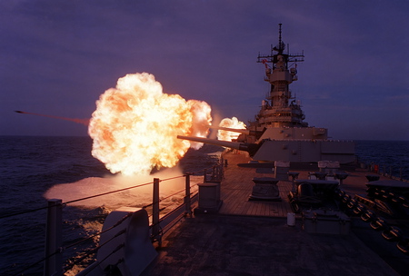 USS Missouri firing a broadside