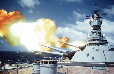 USS Iowa firing a broadside - iowa, battle, navy, battleship, uss, fire