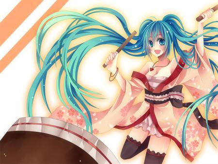 Hatsune Miku - pretty, pink, nice, program, hot, drums, thighhighs, beauty, kimono, virtual, petals, cute, traditional, culture, song, sexy, japanese, vocaloid, anime, twintail, festival, hatsune miku, music, aqua, red, sakura petals, idol, anime girl, sakura, beautiful, singer, girl, cool, sticks, miku, awesome, diva, aqua hair, hatsune, vocaloids