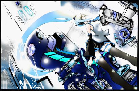 Hatsune Miku - virtual, miku, vocaloids, song, singer, cool, awesome, vocaloid, thighhighs, anime, twintail, buildings, contsast, blue, skirt, aqua hair, hatsune, cute, beautiful, girl, abstract, anime girl, white, program, aqua eyes, artistic, pretty, aqua, beauty, art, diva, nice, idol, music, hatsune miku