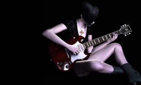 she plays guitar - earrings, cross, girl, guitar, red, necklace, black