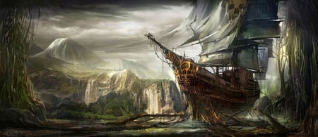 Ship - sail, fantasy, mountains, ship